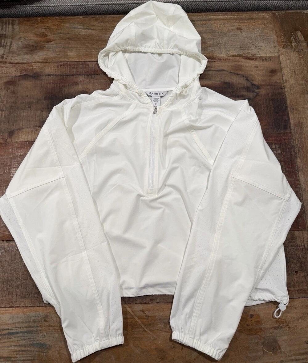 Athleta Women’s M Cropped Quarter Zip Pullover White Lightweight Hooded Jacket